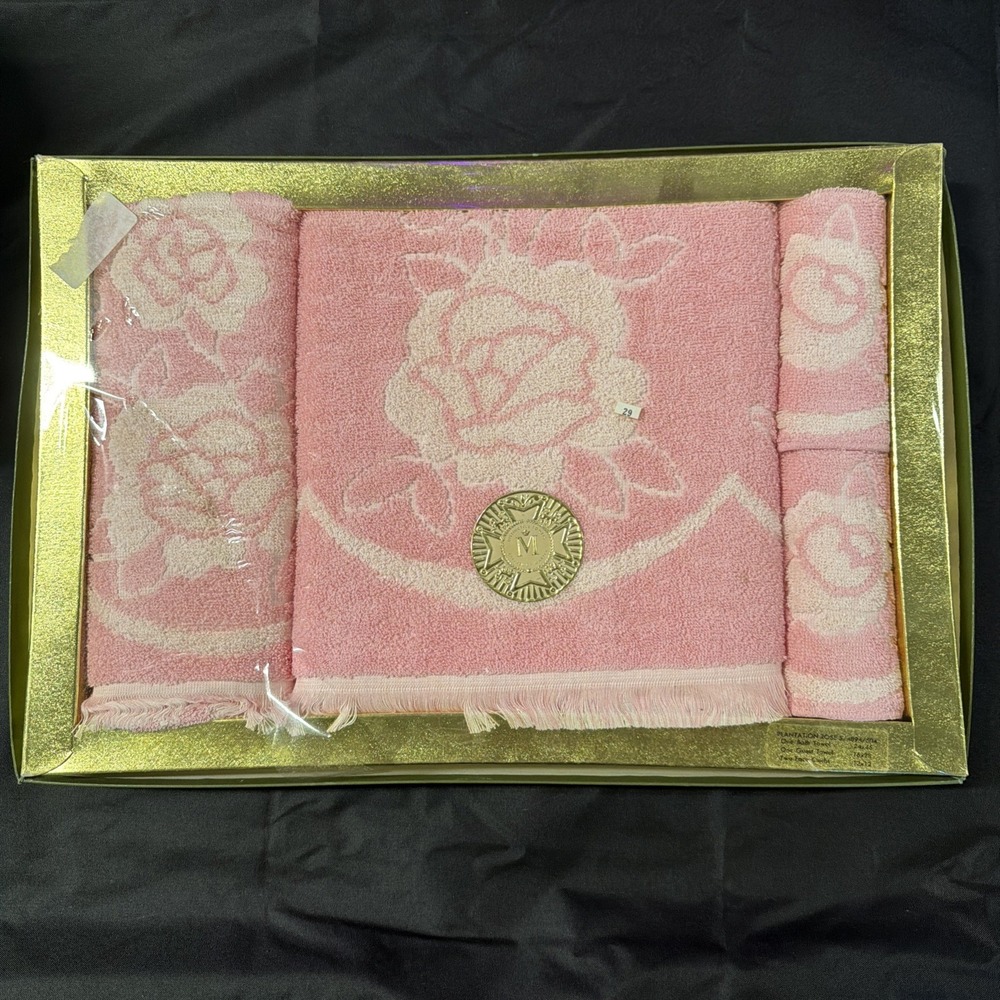 Vintage Martex 4pc Towel Set Pink Plantation Rose Fringed Cotton New Box